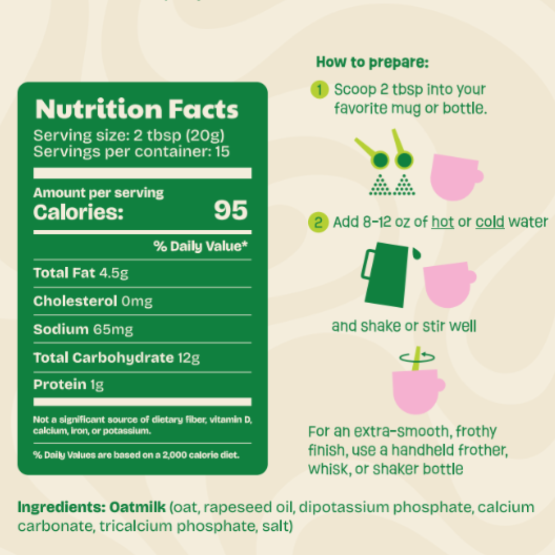 A Nutrition Facts label for instant oatmilk alongside preparation instructions with illustrated bowls, whisk, and frother.