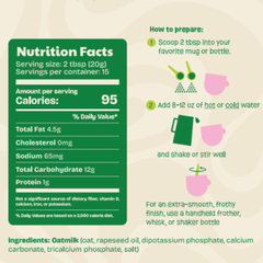 A Nutrition Facts label for instant oatmilk alongside preparation instructions with illustrated bowls, whisk, and frother.