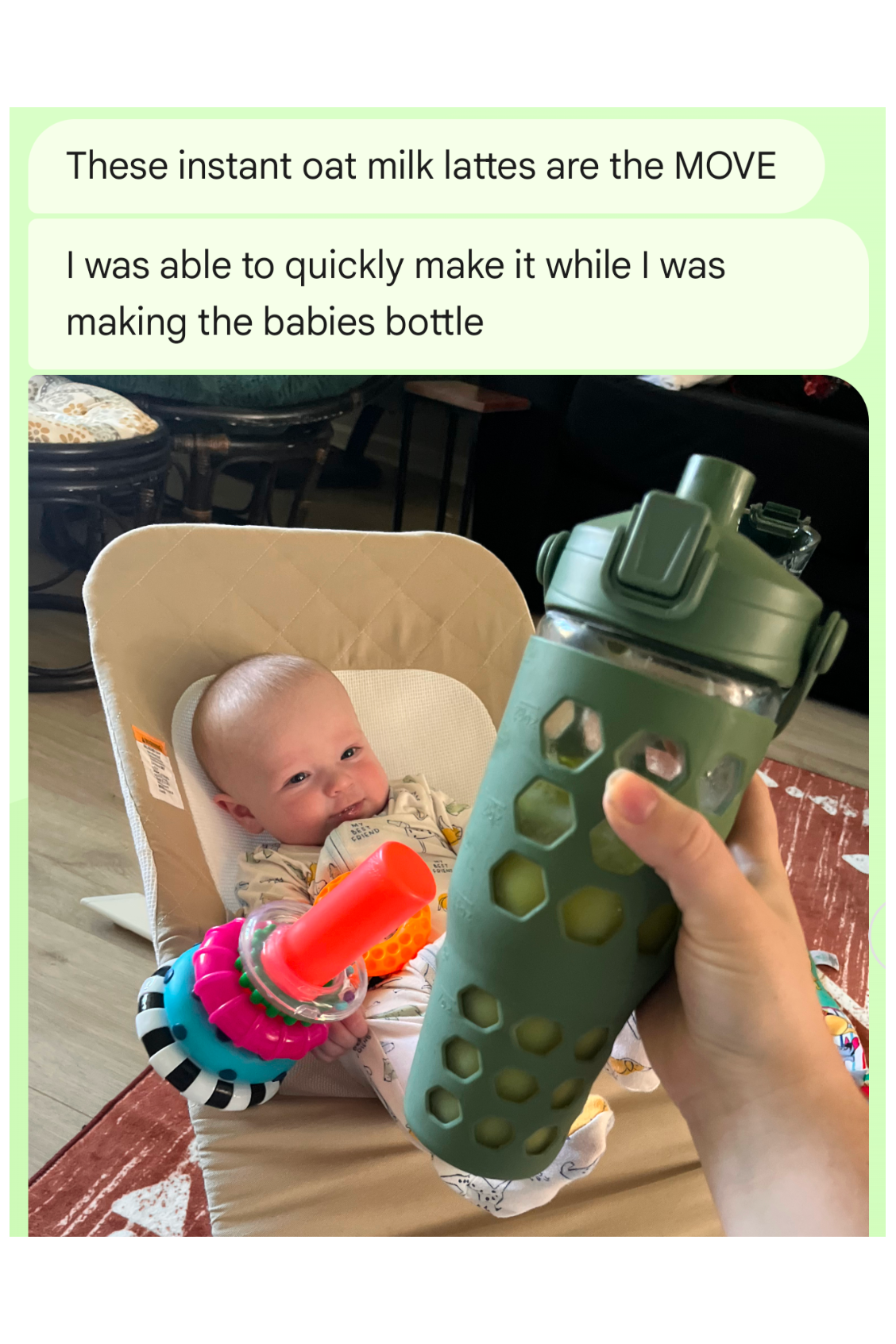 Person holding a green bottle with a baby in a high chair and text about instant oat milk lattes.