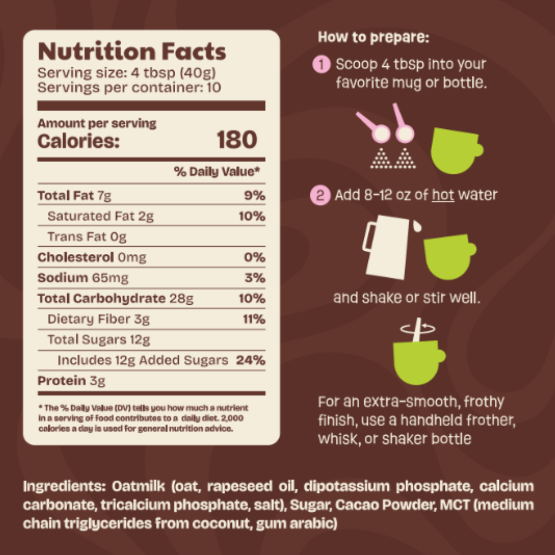 Nutrition facts and preparation instructions for Vibrant Latte Oatmilk Hot Chocolate