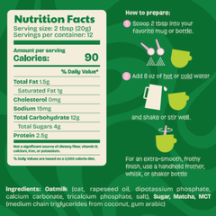 A green and white Nutrition Facts label for  a instant matcha latte, including serving size, calories, nutrients, ingredients list, and preparation instructions with illustrated cups and a whisk.